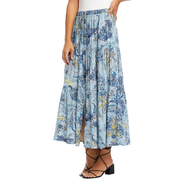 NWT KAREN KANE Boho Floral Paisley Print Side Pockets Tiered Midi Skirt - Picture 7 of 8